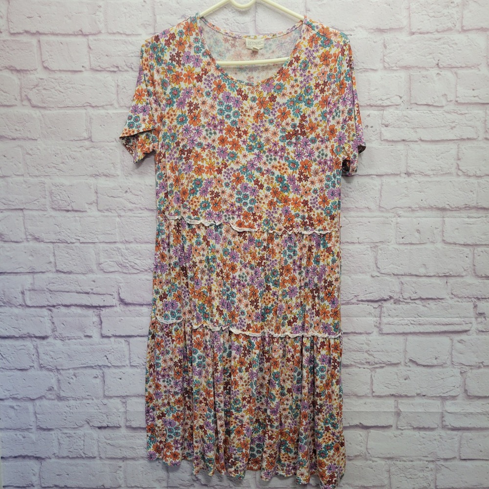 Greige Floral Tiered Cottage Dress Sz L Stretch Boho Lightweight Feminine Summer